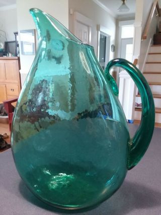 Vintage 1950s Blenko Glass Sea Green Thin Profile Hammered Texture Pitcher