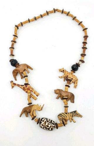 Vintage African Safari Carved Wood Wild Animals Statement Necklace