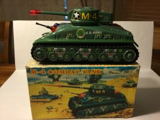 Vintage M - 4 Us Army Sherman Combat Tank,  Battery Tin Litho Bump N Go,  Near