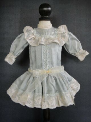 Light Blue French Silk Doll Dress For 12 - 14 " Doll - Rosette Size - Antique Style
