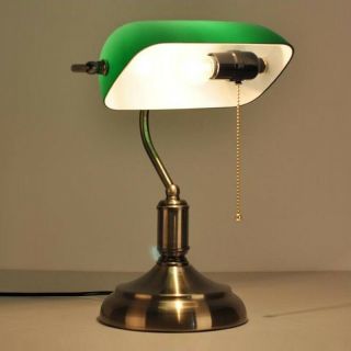 Vintage Banker Glass Table Lamp Bronze Metal Bedroom Office Read Desk Lighting