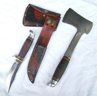 Vtg.  Western Bould. ,  Colo.  Knife/ Hatchet Combo Set With Sheath/ L66 Blade