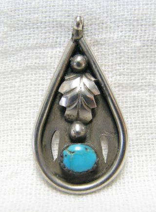 Vintage Signed Navajo Turquoise Leaf Design Sterling Silver Necklace Pendant