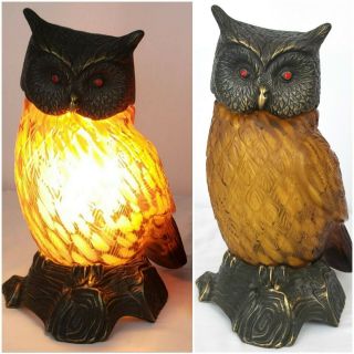 Tin Chi Owl Solid Brass Red Ruby Eye Table Lamp Night Light Andrea Sadek Vtg1996