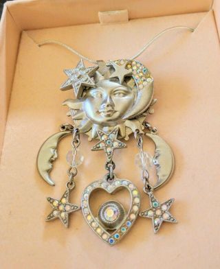Rare Vintage Kirks Folly Sun Moon & Stars Pendant On Chain Silver Toned