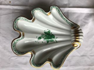 Vtg Herend Porcelain Handpainted Green Chinese Bouquet Shell Dish From 1950 