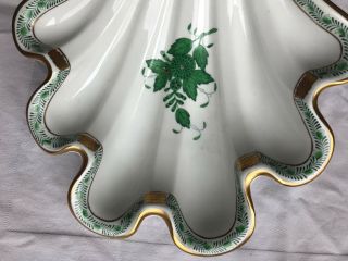 Vtg HEREND PORCELAIN HANDPAINTED GREEN CHINESE BOUQUET SHELL DISH FROM 1950 ' s 2