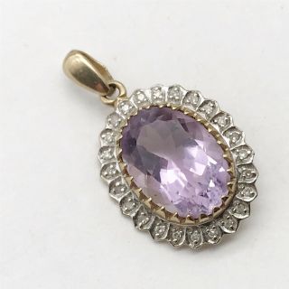 Vintage Solid 9ct Gold Amethyst Diamond Ladies Pendant For Necklace