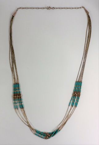 Unsigned - 26 " 5 Strand Sterling Silver Tube Bead Turquoise Necklace - Vintage