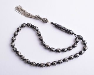 Vintage Islamic Prayer Beads - Worry Beads - Black Coral,  Silver Nails Inlaid Inlay