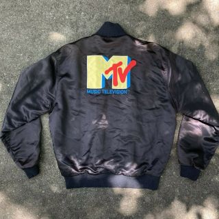 Vintage 1980’s Mtv Music Television Satin Black Bomber Jacket Usa Made Large