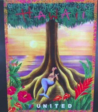 Vintage United Airlines Travel Poster Hawaii Ukulele Banyan Hula Mermaid Maui