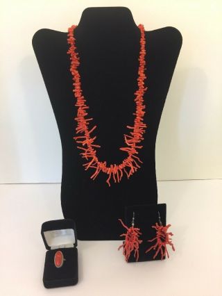 Vintage Red Branch Coral 3 Piece Set Necklace,  Earring,  And Ring Set From Hawaii