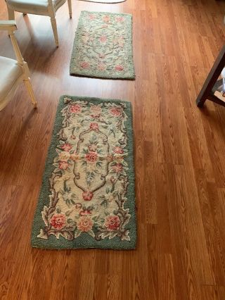 Antique Vintage Cottage Style Hooked Rugs.  Pink Roses And Green 43x21