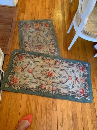 antique vintage cottage style hooked Rugs.  Pink roses and green 43x21 2