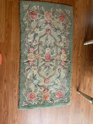 antique vintage cottage style hooked Rugs.  Pink roses and green 43x21 3