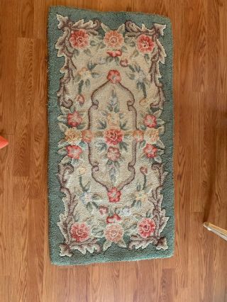 antique vintage cottage style hooked Rugs.  Pink roses and green 43x21 4