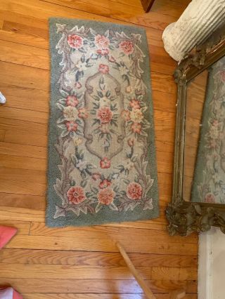 antique vintage cottage style hooked Rugs.  Pink roses and green 43x21 5