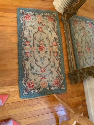antique vintage cottage style hooked Rugs.  Pink roses and green 43x21 6