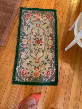 antique vintage cottage style hooked Rugs.  Pink roses and green 43x21 7