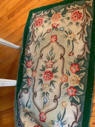 antique vintage cottage style hooked Rugs.  Pink roses and green 43x21 8