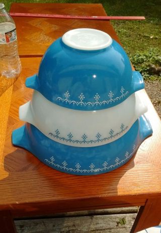 Vintage Pyrex Snowflake Blue Garland Cinderella Mixing Bowls 441 - 444 SET OF 4 6