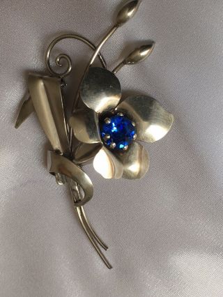 C1940s Carl Art Signed Vintage Sterling Silver And Blue Glass Flower Brooch