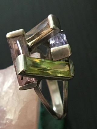 Terrific Multi Gemstone Mid Century Modern Sterling Silver Ring 7g Size 7