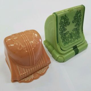 Two Vintage Celluloid Velvet Carved Jewelry Ring Boxes Pink Heart & Green Deco
