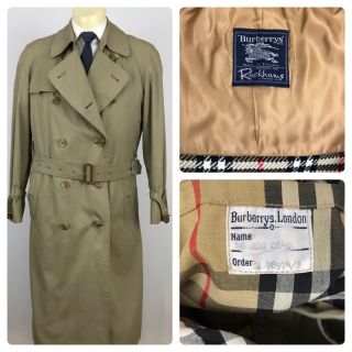 Vintage Burberry Mens 48r Beige Double Breasted Trench Coat Zip Out Wool Liner