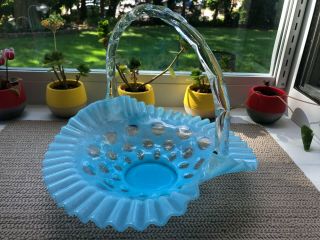 Vintage Fenton Blue Opalescent Art Glass Coin Dot 10 " Basket