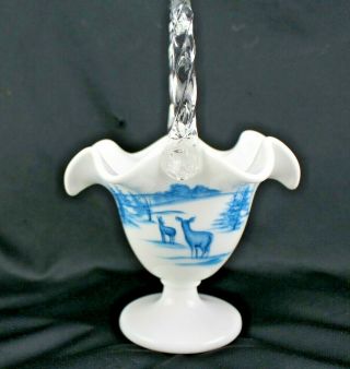 Vintage Fenton Milk Glass 10 " Basket Clear Handle Hand Painted Blue Deer Signed