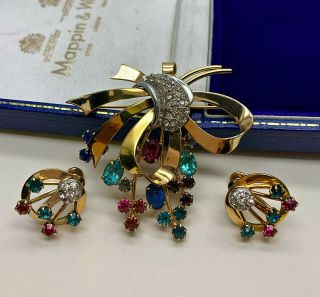 Vintage 12k Gold Filled Rhinestone Brooch/earrings Set (charles Reis Co)