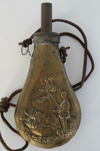 Antique Brass Copper Gun Powder Horn Flask Hunting Dog
