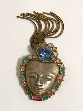 Rare Vintage Gorgeous Art Deco Rhinestone Tassel Hobe Glass Mask Face Brooch Pin