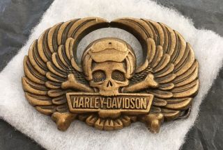 Vtg Rare 1990 Winged Skull & Cross Bones Solid Brass Harley Davidson Belt Buckle