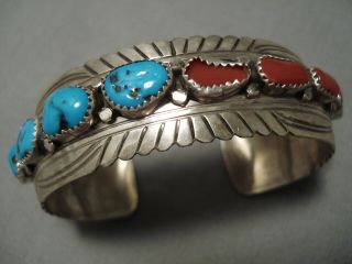 Incredible Vintage Navajo Turquoise Coral Sterling Silver Concho Bracelet