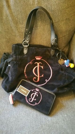 Vintage Juicy Couture Black And Pink Velour Handbag And Wallet