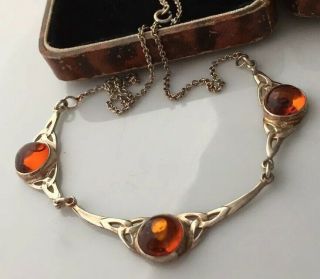 Vintage Jewellery Gorgeous Sterling Silver And Real Amber Panel Links Necklace
