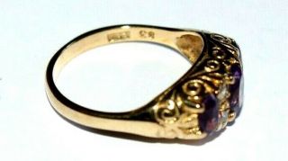 Vintage 9ct Gold Gypsy Ring.  3 Natural Amethysts.  Size L.