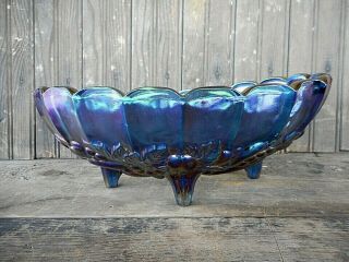 Large Blue Carnival Glass Footed Oval Fruit Bowl 12x9 Vintage Indian Harvest ?