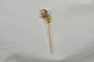 14k Gold Hat Stick Pin Crescent Moon Star Seed Pearl Clear Rhinestone Victorian