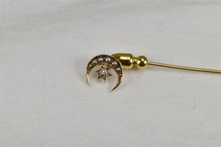 14K Gold Hat Stick Pin Crescent Moon Star Seed Pearl Clear Rhinestone Victorian 2