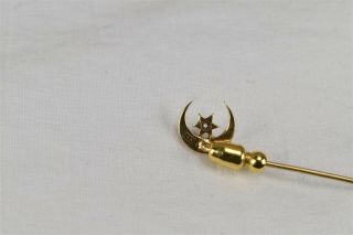 14K Gold Hat Stick Pin Crescent Moon Star Seed Pearl Clear Rhinestone Victorian 3
