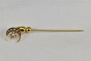 14K Gold Hat Stick Pin Crescent Moon Star Seed Pearl Clear Rhinestone Victorian 4