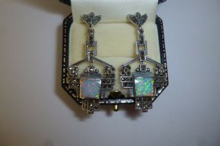 Silver Marked 925 Marcasite And Australian Ranbow Fire Opal Art Deco Earrings