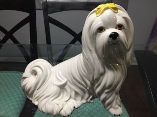 Vintage Italian Ceramic Dog Figurine White Yellow Bow Shih Tzu Intrada? 12.  5”