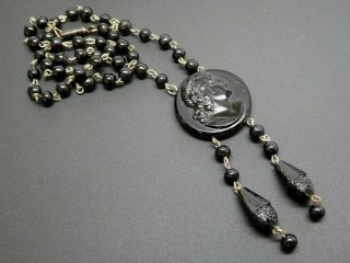 Victorian Edwardian Black Glass Woman Cameo Mourning Pendant Chain Necklace 16 "