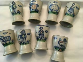 M.  A.  Hadley 8 Egg Cups Country Farm Animals And Farmers Vintage Blue