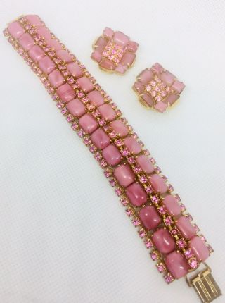 Fabulous Pink Satin Glass & Rhinestone Bracelet & Earrings Demi Vintage Jade